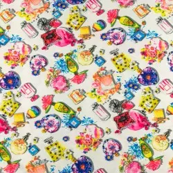 SALE.SILKI062 | Tkanina silki wzór perfumy i kwiaty kolor kremowy - 1