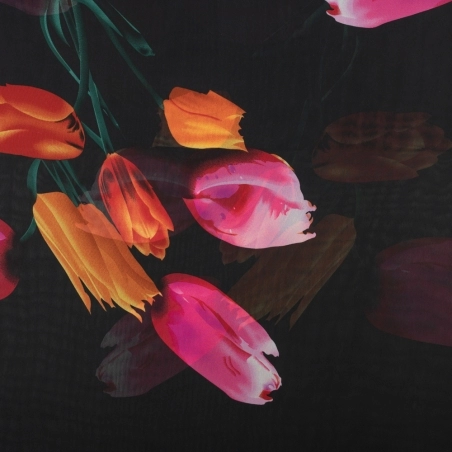 SALE.SZYD010 | Tkanina szyfon wzór tulipany kolor czarny - 1