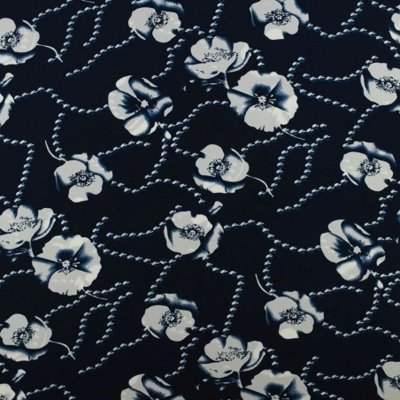 SALE.KLK048 | Tkanina Krepa kwiaty granatowy - 1