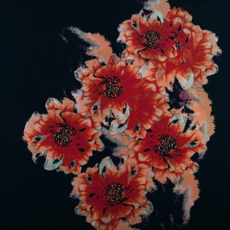 SALE.KLK068 | Tkanina Krepa kwiaty border dwustronny pomarańczowy - 1