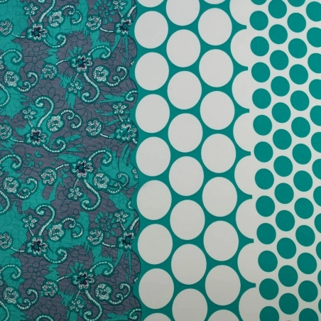 SALE.KLK072 | Tkanina Krepa grochy i kwiaty border dwustronny zielony - 1