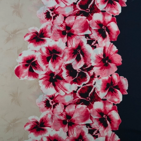 SALE.KLK079 | Tkanina Krepa kwiaty border dwustronny beżowy - 1